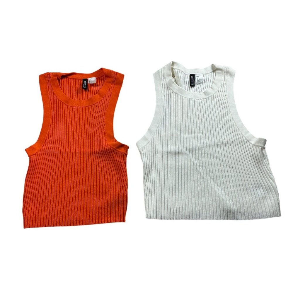 H&M Divided | 2 Women’s Ribbed Crop Tops | Orange (S) & White (M) | Stretch Tank